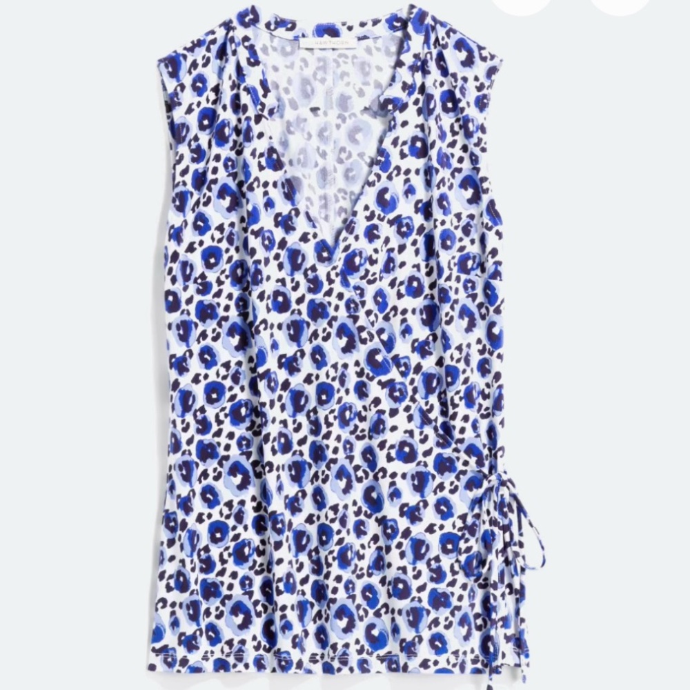 Aliska Front Wrap Knit Top - Blue and White Leopard Print Sleeveless Top